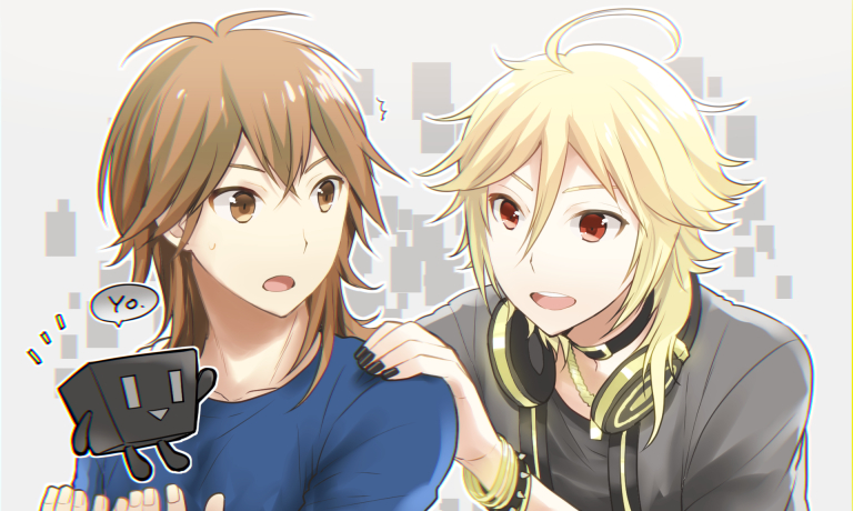 2boys, black_nails, blonde_hair, bracelet, brown_eyes, brown_hair, choker, cubi_(vocaloid)