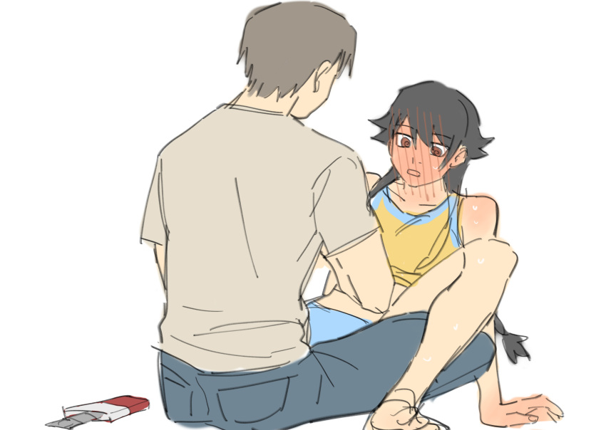 1boy, 1girl, @_@, black_hair, blue_pants, blue_shorts, blush, brown_eyes