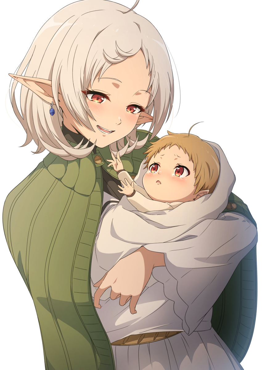 2girls, absurdres, ahoge, baby, blush, carrying, child, earrings, elf, highres, holding_baby, jewelry, lucy_greyrat, mother_and_child, mother_and_daughter, multiple_girls, mushoku_tensei, nishizuki_shino, official_alternate_hair_length, official_alternate_hairstyle, open_mouth, pointy_ears, red_eyes, short_hair, simple_background, smile, sylphiette_(mushoku_tensei), white_background, white_hair