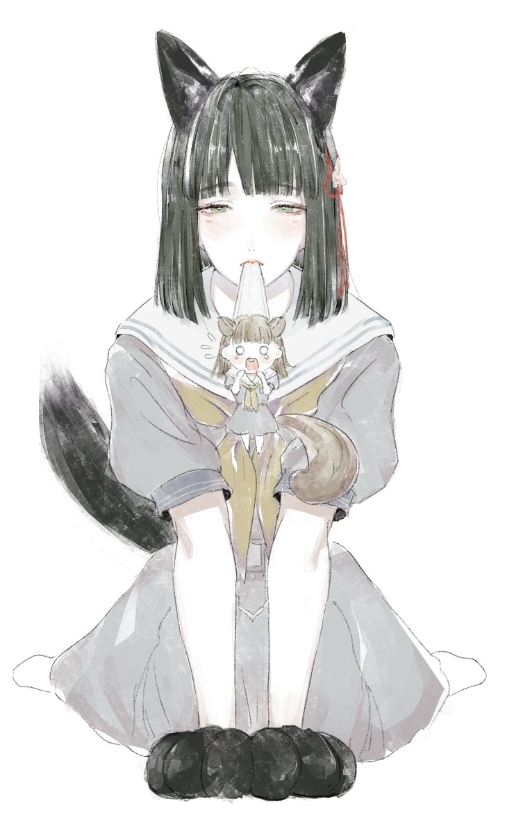 2girls, all_fours, animal_ears, animal_hands, black_hair, blunt_bangs, blunt_ends, breast_pocket