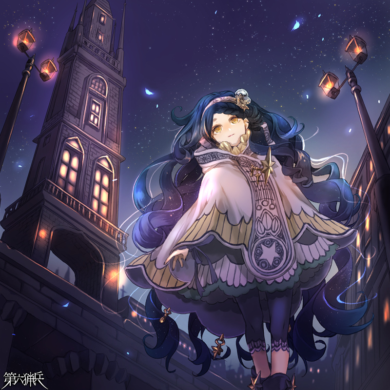1girl, black_hair, black_pantyhose, building, coat, copyright_name, dairoku_ryouhei, dress, fille_meruku, hair_ornament, hairband, lamppost, long_hair, makiasaka, night, night_sky, outdoors, pantyhose, petals, sky, solo, standing, star_(sky), star_(symbol), star_hair_ornament, starry_sky, very_long_hair, white_coat, wide_sleeves, yellow_eyes