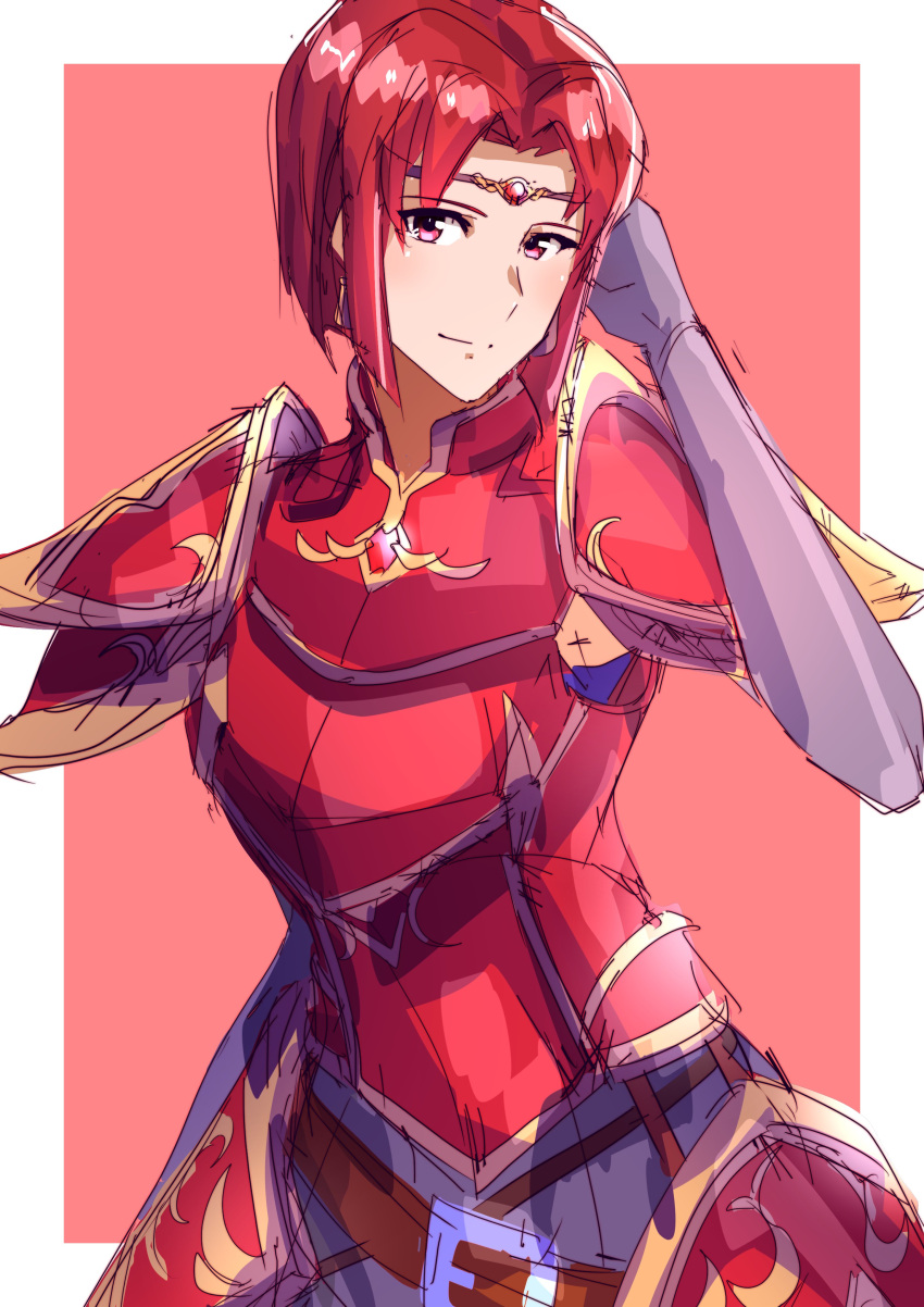 1girl, absurdres, arm_up, armor, bad_id, bad_twitter_id, circlet, earrings