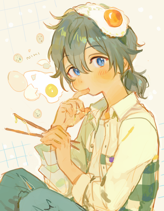 1boy, :t, aged_down, blue_eyes, character_name, chopsticks, collared_jacket, denim