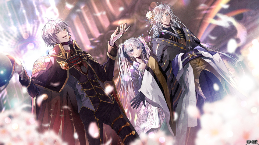 1girl, 2boys, black_gloves, black_vest, blue_eyes, blurry, blurry_background, blurry_foreground