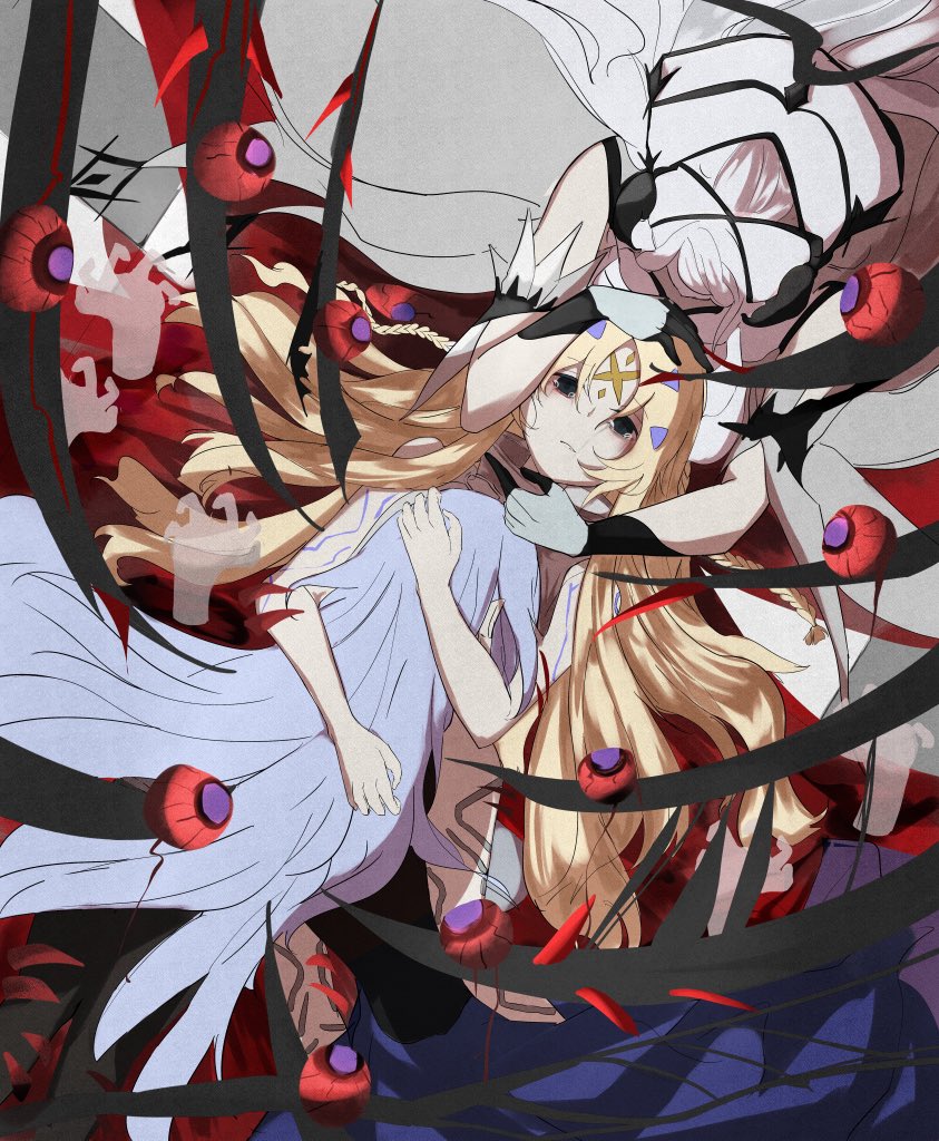 3girls, black_eyes, blonde_hair, duel_monster, ecclesia_(yu-gi-oh!), empty_eyes, facial_mark, fleurdelis_(yu-gi-oh!)