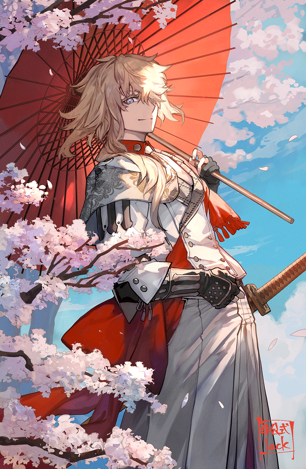 1boy, armor, black_gloves, blonde_hair, blue_eyes, blue_sky, branch, cherry_blossoms, chrysanthemum_print, closed_mouth, clouds, collared_shirt, colored_eyelashes, falling_petals, floral_print, flower, gloves, grey_hakama, hair_over_one_eye, hair_over_shoulder, hakama, hakama_pants, highres, ichimonji_norimune, jacket, japanese_armor, japanese_clothes, kote, kurokote, lack, long_hair, long_sleeves, looking_at_viewer, male_focus, necktie, oil-paper_umbrella, outdoors, pants, partially_fingerless_gloves, petals, pink_flower, red_umbrella, sash, shirt, shoulder_sash, sky, smile, solo, touken_ranbu, tree, umbrella, white_hakama