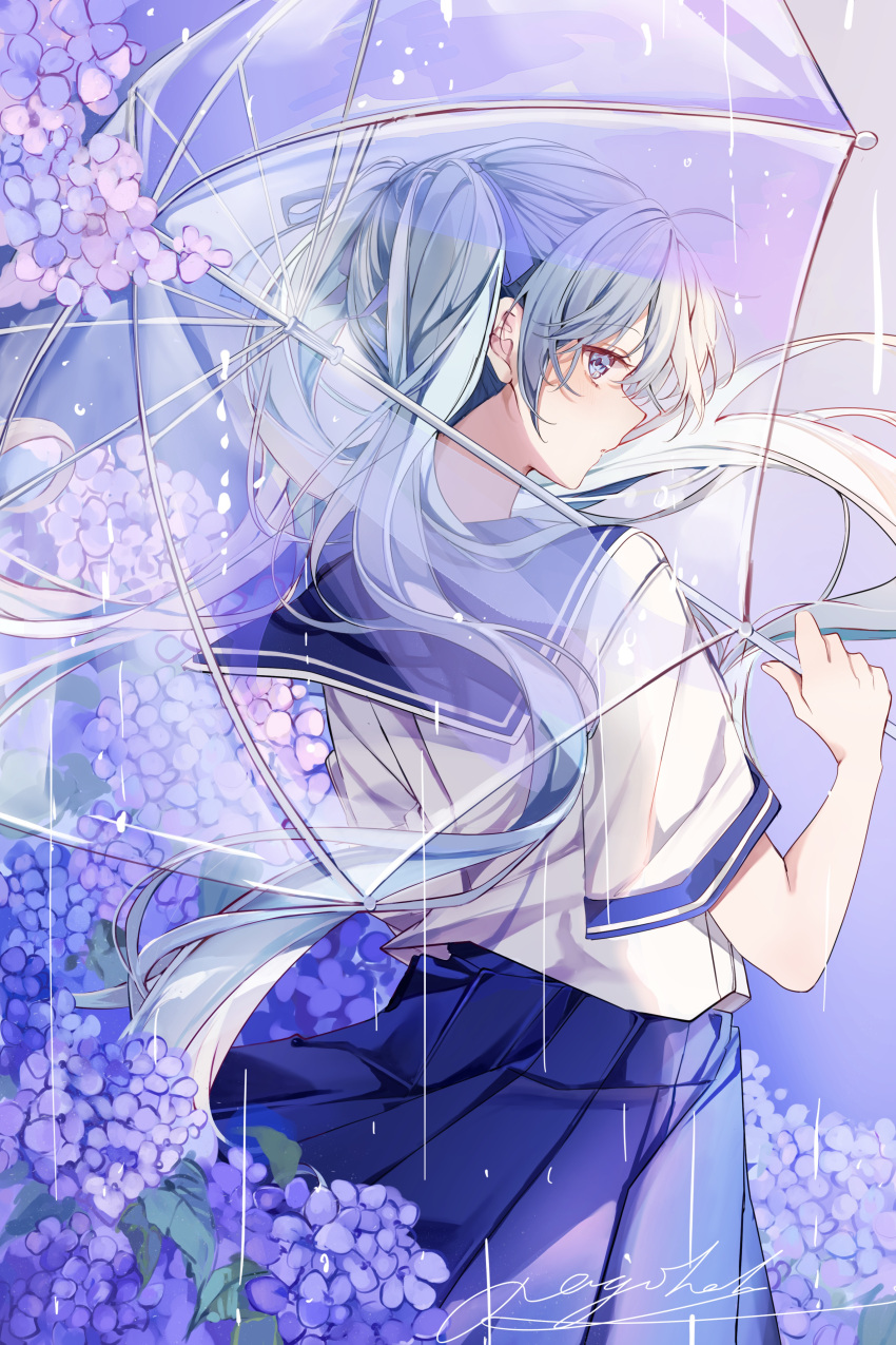 1girl, absurdres, artist_name, blue_eyes, blue_hair, blue_ribbon, blue_skirt, commentary