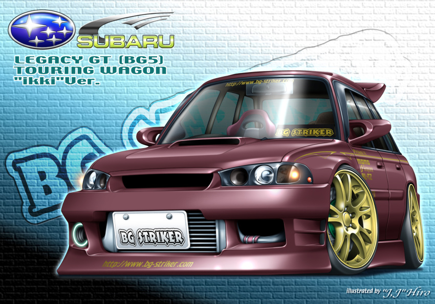 artist_name, brick_wall, brown_car, car, highres, hiro_evolve, license_plate, motor_vehicle