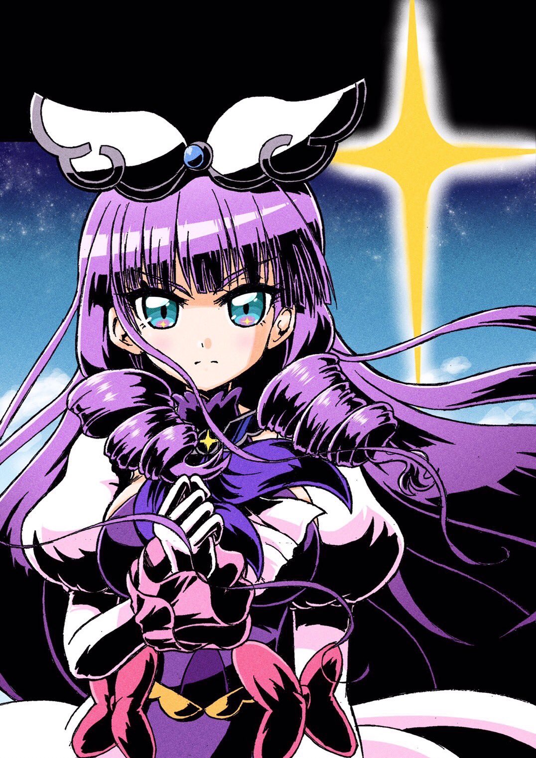 1girl, blue_background, bow, breasts, brooch, clenched_hand, closed_mouth, cure_noble