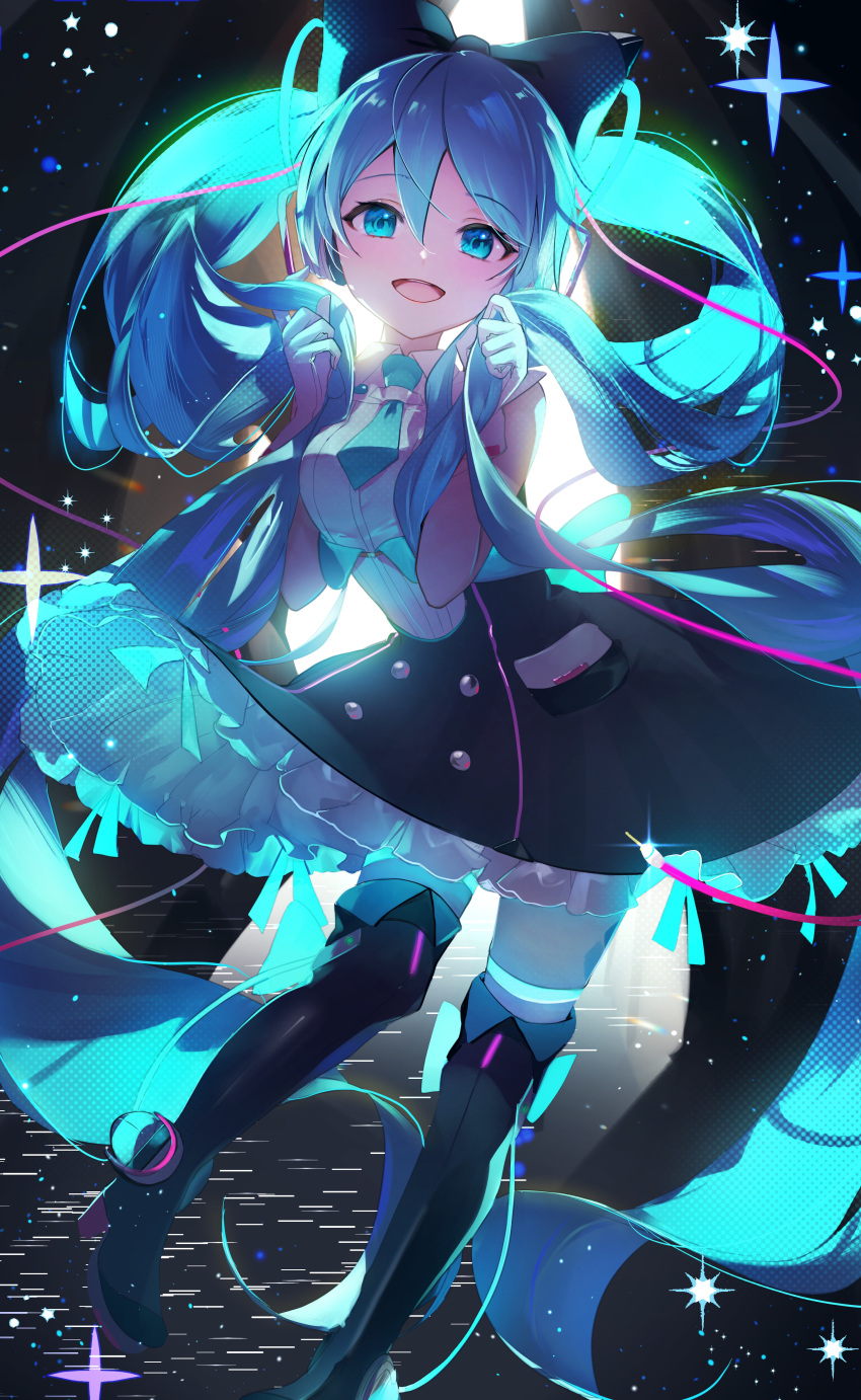 1girl, absurdres, aqua_necktie, audio_jack, backlighting, bare_arms, black_bow, black_dress