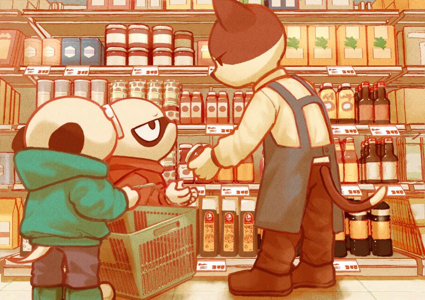 3boys, animal_ears, apron, basket, blue_apron, bottle, brothers, brown_footwear, brown_pants, cat_boy, cat_ears, cat_tail, daimon_kenshirou, daimon_koushirou, dog_boy, dog_ears, dog_tail, full_body, furry, furry_male, glasses, highres, holding, holding_basket, holding_jar, indoors, jar, junsai_(odtx), long_sleeves, male_focus, multiple_boys, odd_taxi, pants, shelf, shirt, shop, shopping, shopping_basket, siblings, sweatdrop, tail, tail_through_clothes, twins, white-framed_eyewear, white_shirt