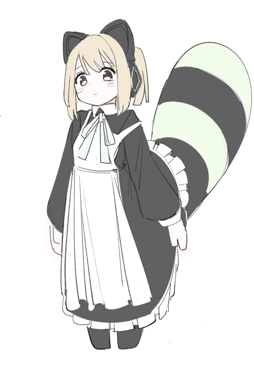 1girl, animal_ear_headphones, animal_ears, apron, black_pantyhose, blonde_hair, blue_archive, blue_ribbon
