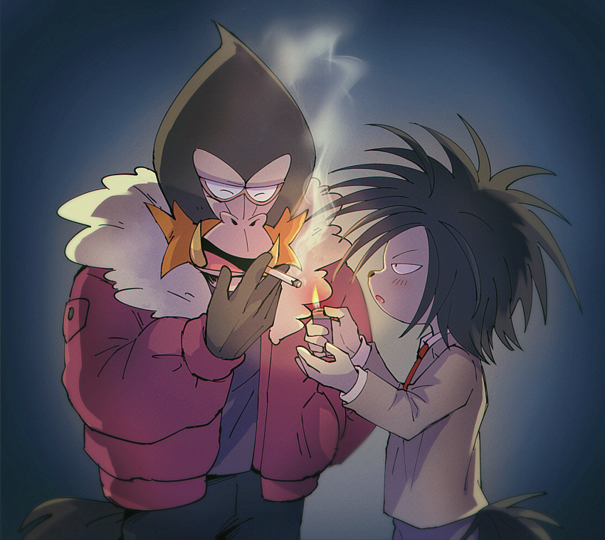 2boys, ^_^, black_hair, cigarette, closed_eyes, colored_skin, cowboy_shot, dobu_(odd_taxi)