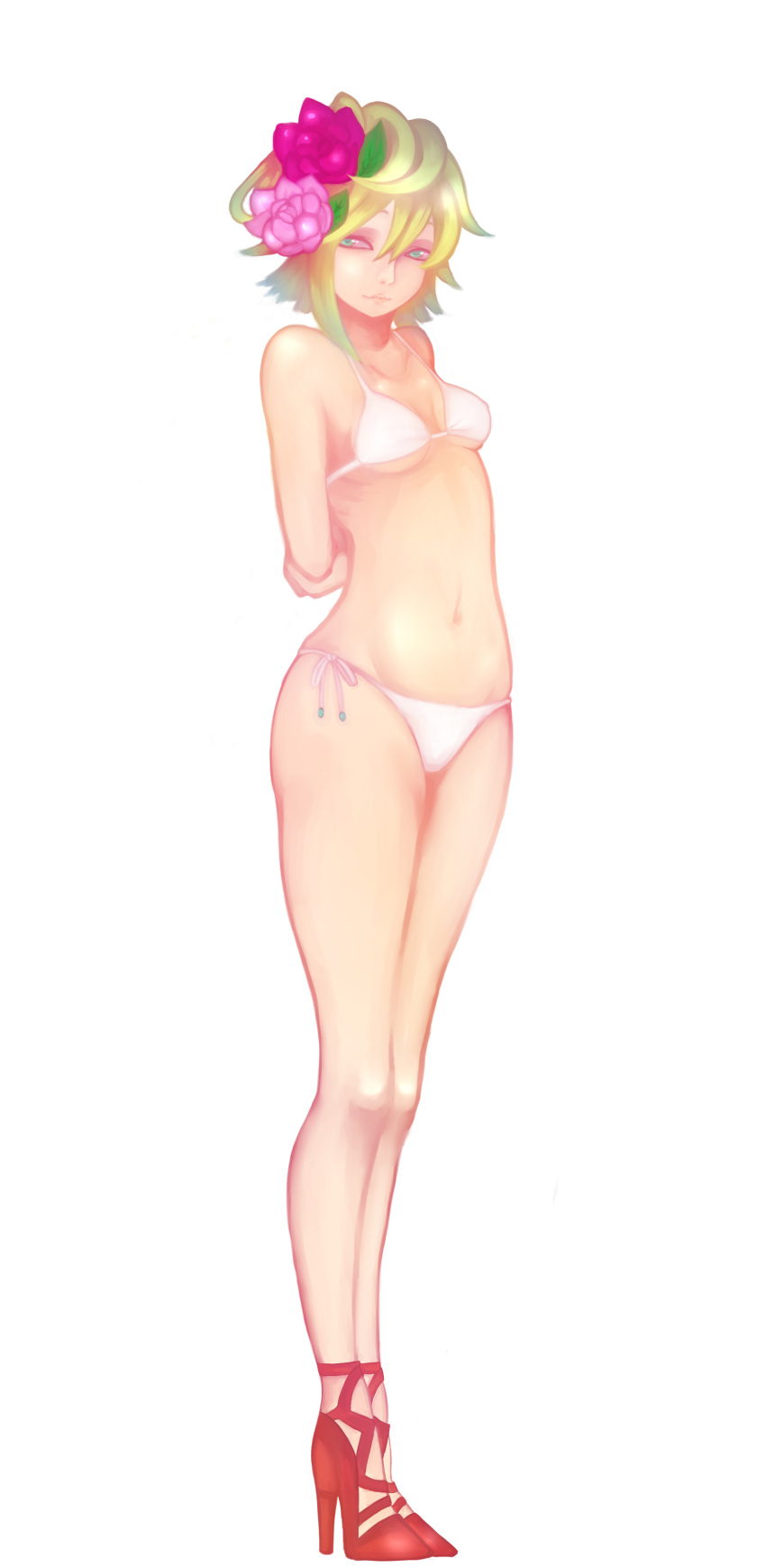 absurdres, arms_behind_back, bikini, blonde_hair, flower, hair_flower, hair_ornament, high_heels