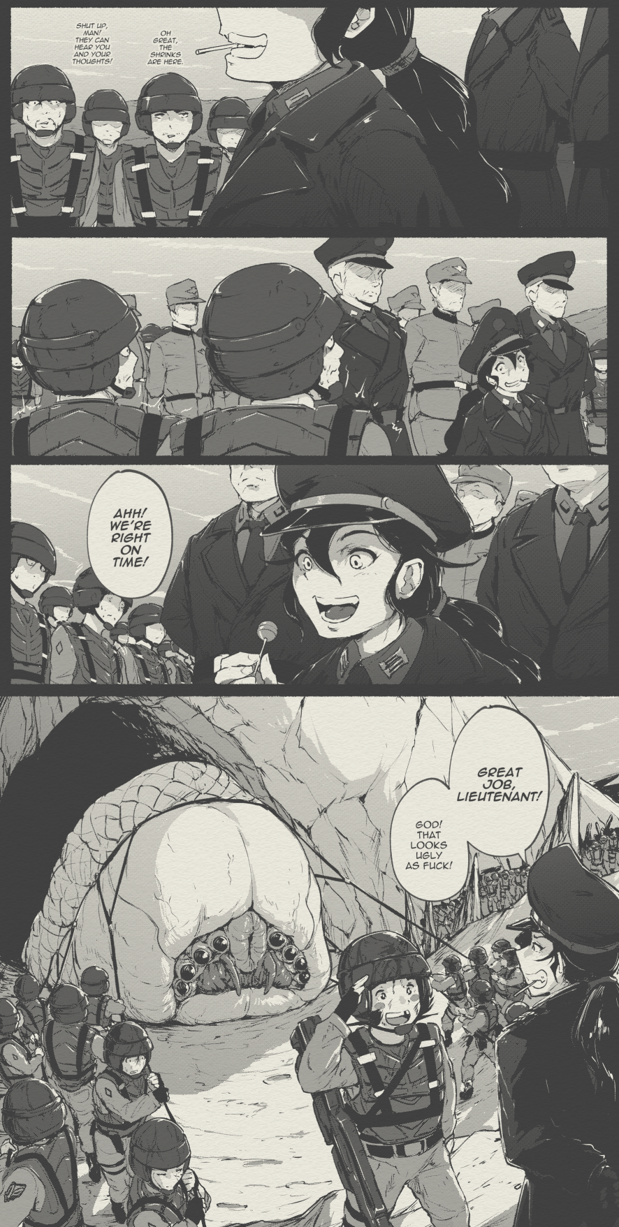 6+boys, 6+girls, alien, arachnid_(starship_troopers), assault_rifle, blood, blood_on_clothes, blood_on_face
