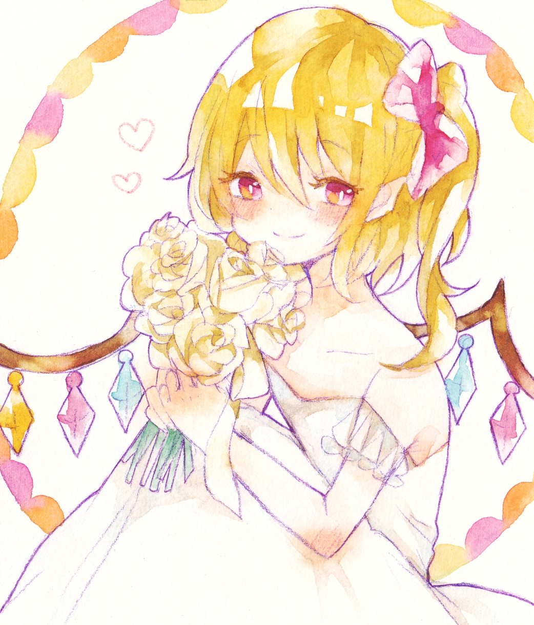 1girl, alternate_costume, bare_shoulders, blonde_hair, blush, bouquet, crystal_wings, dress