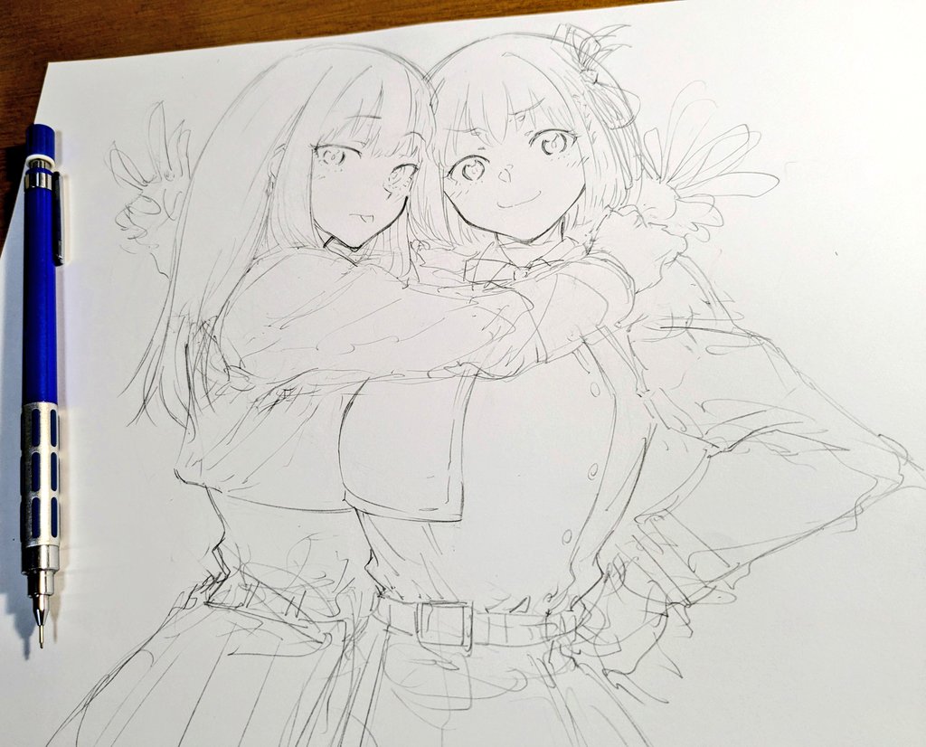 2girls, art_tools_in_frame, belt, blush, closed_mouth, commentary_request, gasuri_govan, graphite_(medium), greyscale, hug, inoue_takina, long_hair, long_sleeves, lycoris_recoil, lycoris_uniform, mechanical_pencil, monochrome, multiple_girls, nishikigi_chisato, one_side_up, pencil, short_hair, sidelocks, tongue, tongue_out, traditional_media, unfinished, yuri