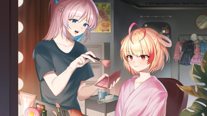 2girls, absurdres, algorhythm_project, black_dress, black_shirt, blonde_hair, blue_eyes, blue_hair