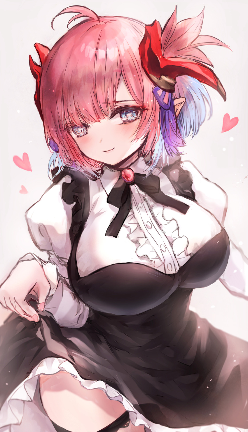 1girl, absurdres, ahoge, alternate_costume, black_dress, black_ribbon, blue_eyes, blush