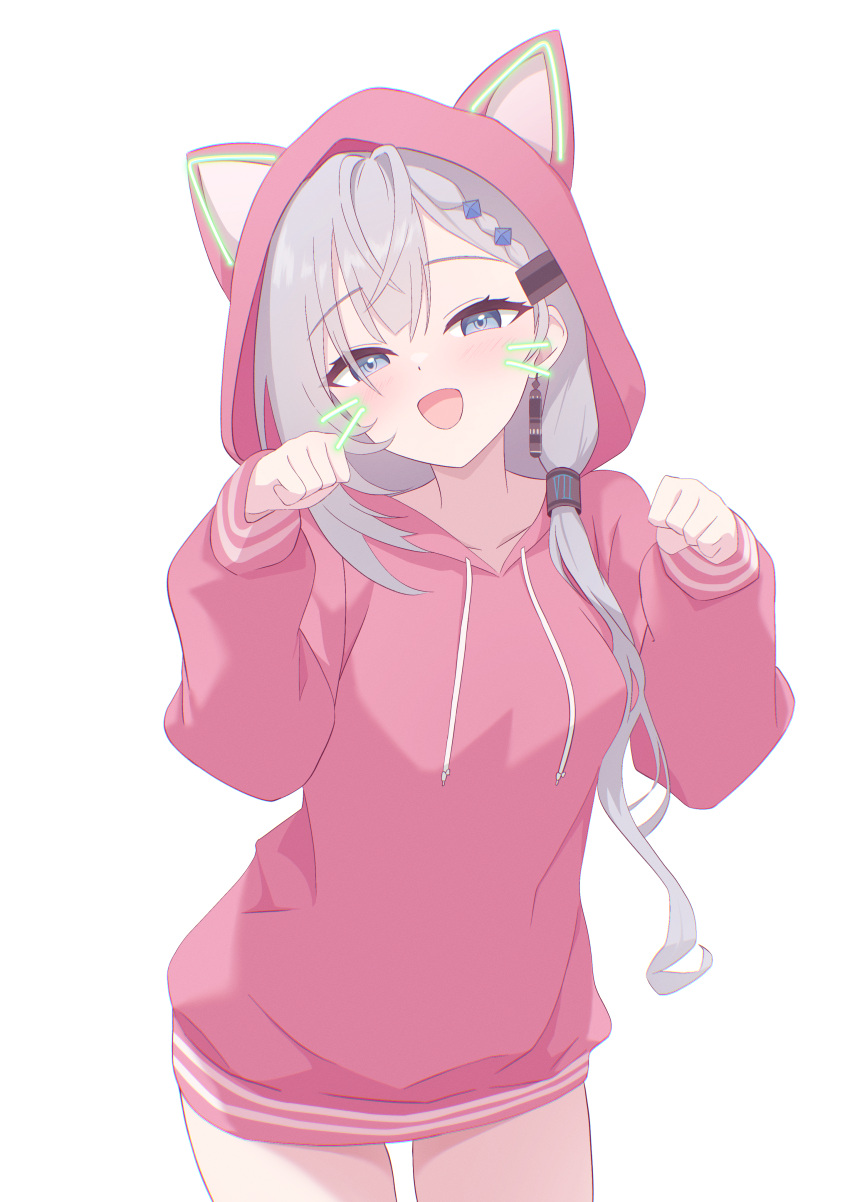 1girl, absurdres, animal_ears, blue_eyes, blush, grey_hair, hair_ornament, highres