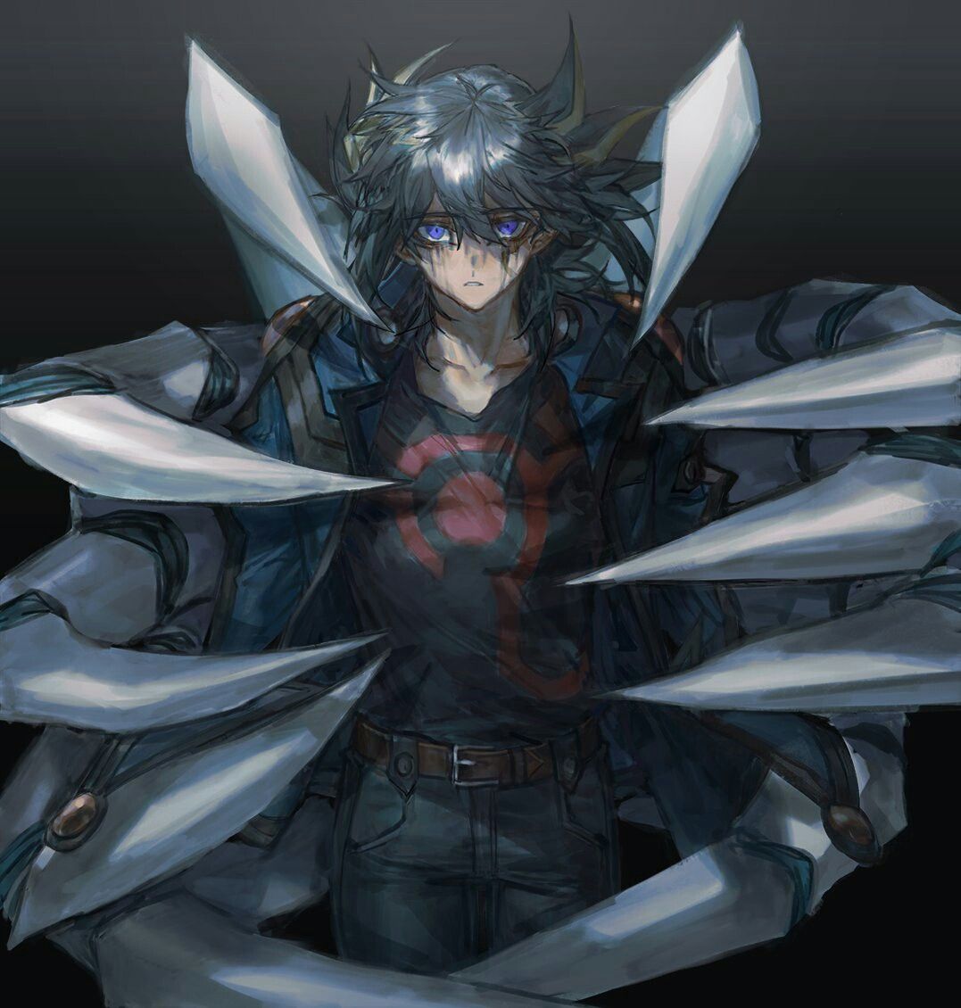 1boy, 1other, belt, black_background, black_hair, black_shirt, blue_eyes, blue_jacket, denim, dragon, dragon_claw, exhausted, facial_tattoo, fudo_yusei, hand_in_another's_clothes, hands_on_another's_back, held_up, jacket, jeans, looking_at_viewer, looking_up, male_focus, mokopuru, open_clothes, open_jacket, open_mouth, pants, shirt, shoulder_pads, sleeveless, sleeveless_shirt, stardust_dragon, tattoo, yu-gi-oh!, yu-gi-oh!_5d's