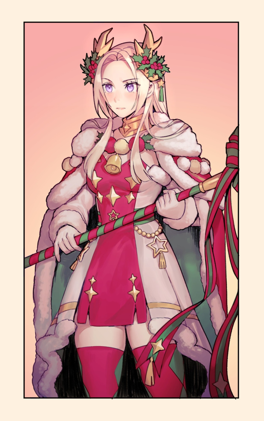 1girl, cape, christmas, diamond_print, dress, edelgard_von_hresvelg, edelgard_von_hresvelg_(snowfall_future), fake_antlers