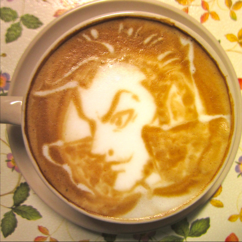 1boy, absurdres, closed_mouth, commentary_request, cup, drink, food_art_(medium), happy