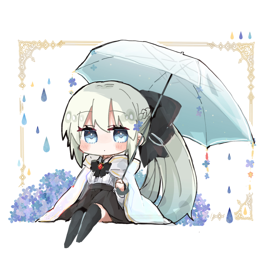 1girl, black_ribbon, black_skirt, black_thighhighs, blue_eyes, blush, bow, bowtie