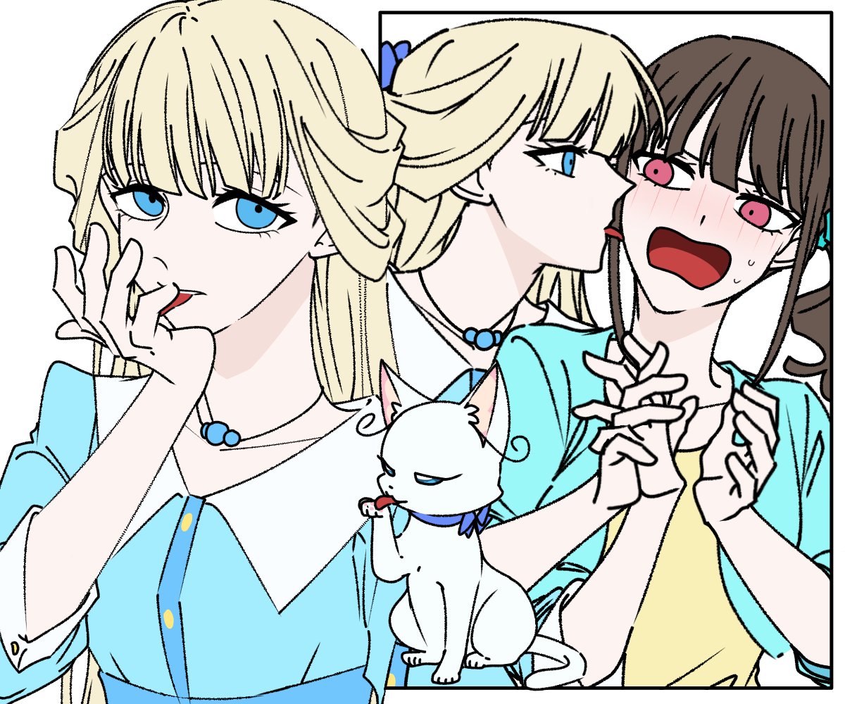 2girls, a_jak, animalization, blonde_hair, blue_dress, blue_eyes, blush, brown_hair