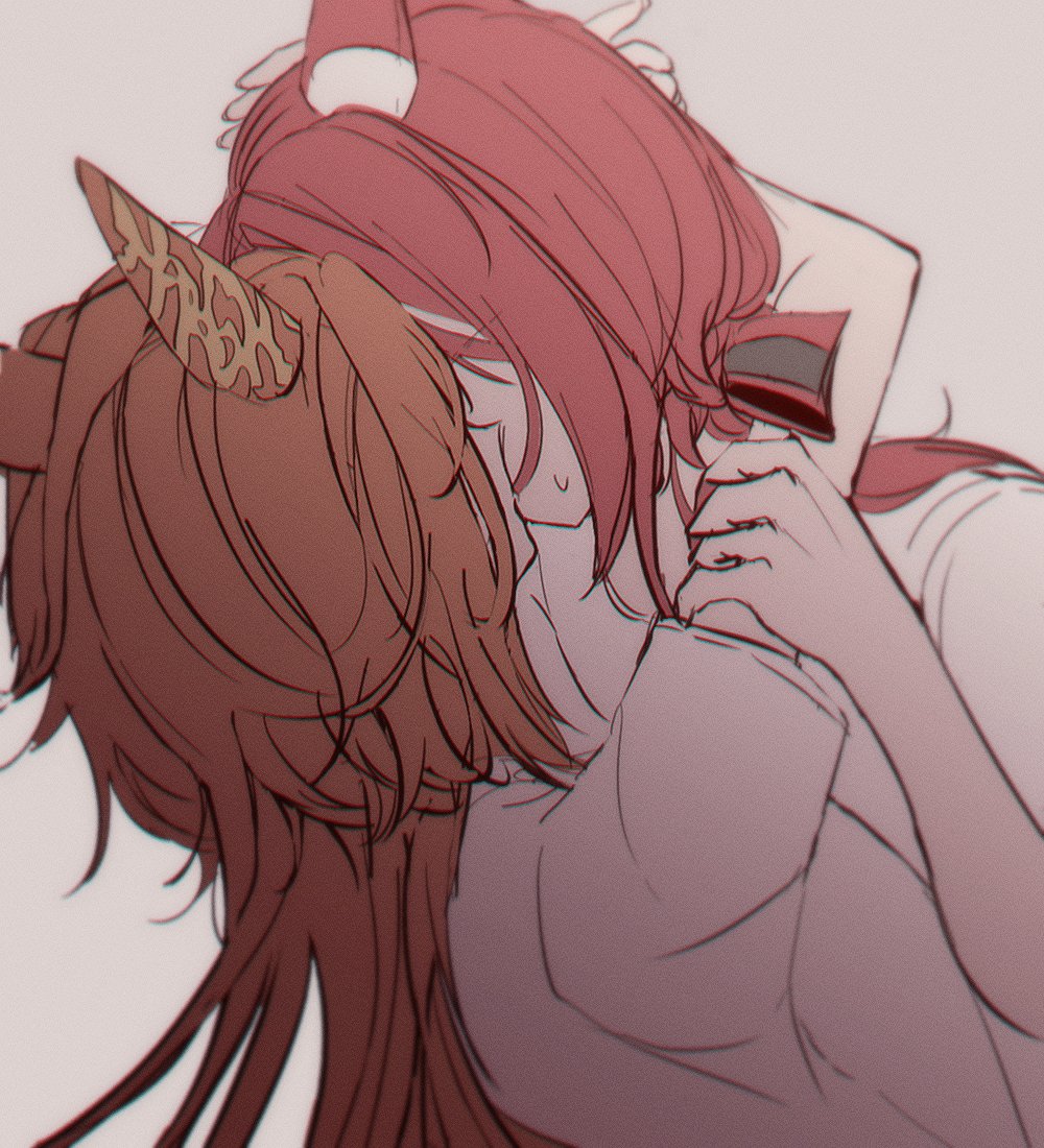 2girls, animal_ears, arms_around_neck, commentary, ear_covers, grey_background, horse_ears, horse_girl