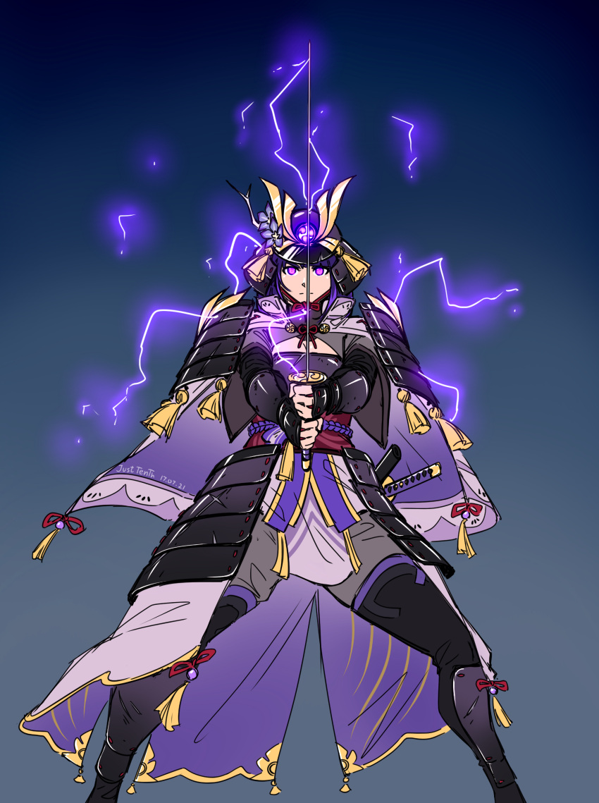1girl, absurdres, adapted_costume, armor, dated, electricity, english_commentary, flower, genshin_impact, glowing, glowing_eyes, gradient_background, helmet, highres, holding, holding_sword, holding_weapon, japanese_armor, japanese_clothes, just_tenth, kabuto_(helmet), kimono, mitsudomoe_(shape), musou_isshin_(genshin_impact), obi, obiage, obijime, purple_flower, purple_hair, purple_kimono, raiden_shogun, sash, shoulder_armor, solo, sword, tomoe_(symbol), violet_eyes, weapon