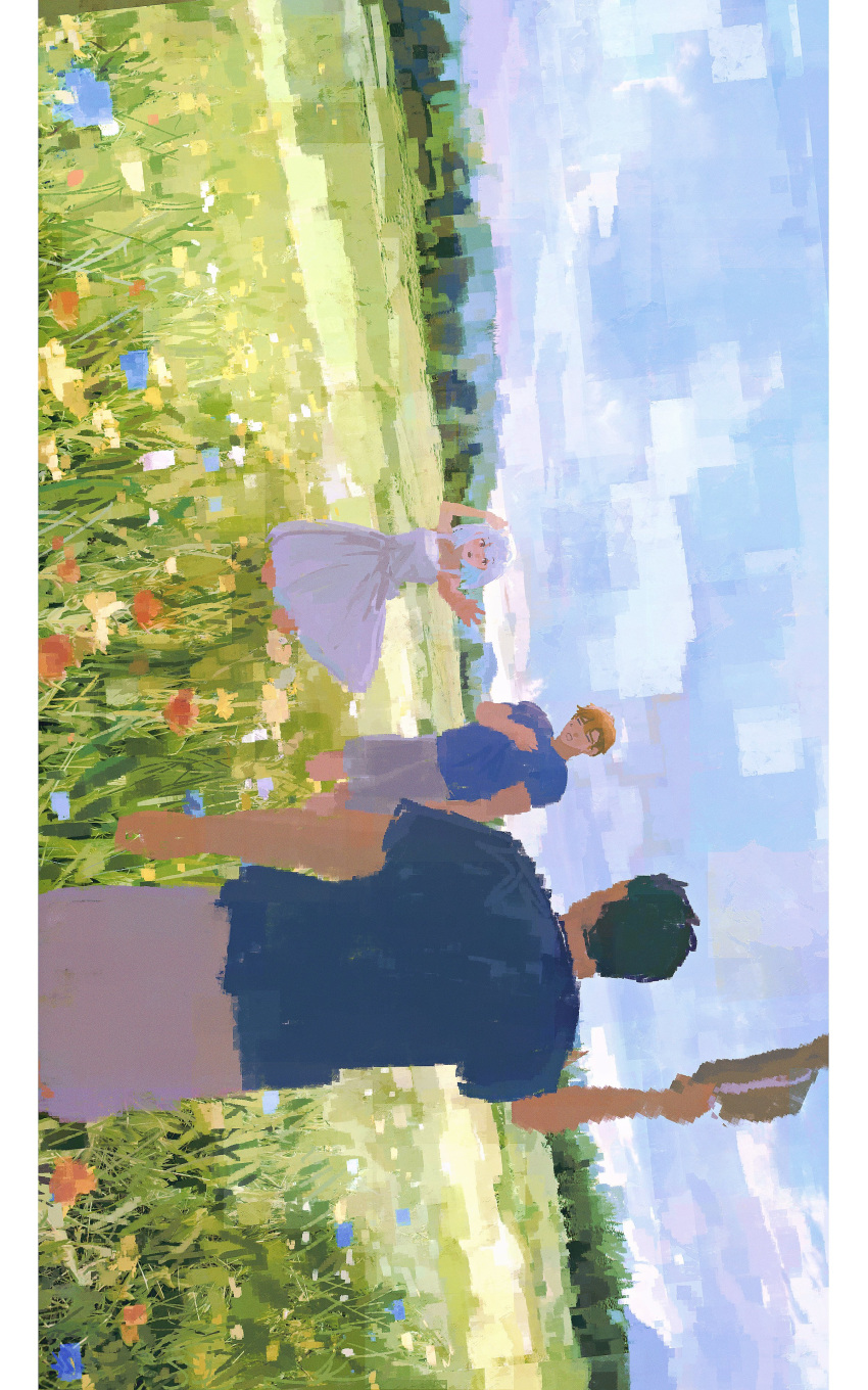 1girl, 2boys, absurdres, ao_isami, black_hair, blonde_hair, blurry, day