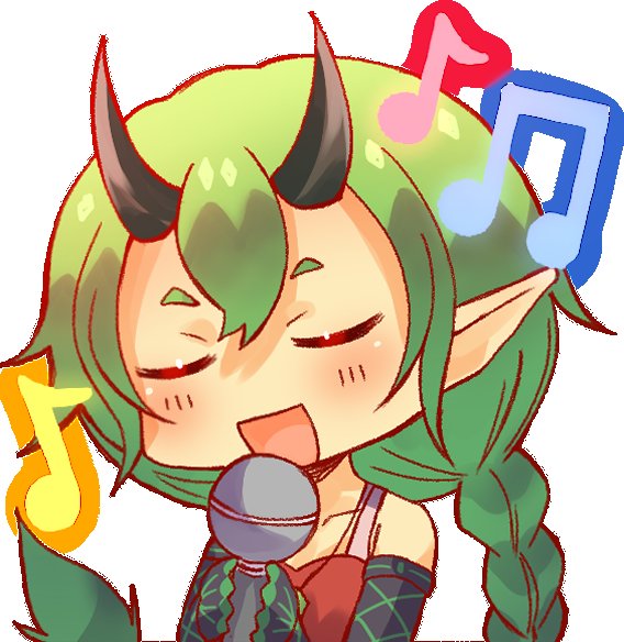 1girl, bare_shoulders, blush, braid, closed_eyes, collarbone, demon_horns, detached_sleeves, elbow_gloves, english_commentary, gloves, green_hair, happy, holding, holding_microphone, horns, jade_(boltclash), kairostier, microphone, music, musical_note, open_mouth, original, pointy_ears, shiny_skin, short_eyebrows, singing, single_braid, solo, tongue, white_background