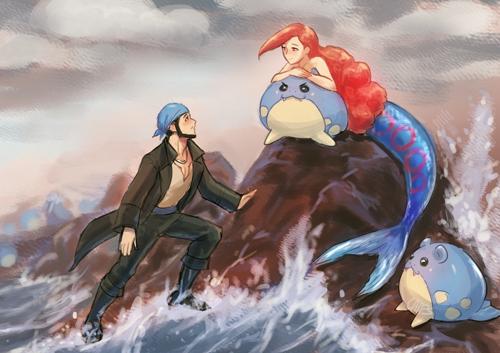 1boy, :3, alternate_costume, alternate_universe, archie_(pokemon), arm_rest, bandana, beard, black_coat, black_footwear, black_hair, blue_bandana, blue_sash, boots, chinstrap_beard, chips_n_cookies, coat, facial_hair, facing_another, fluffy_hair, fusion, implied_nudity, jacket, jewelry, kyogre, long_coat, long_hair, long_sleeves, looking_down, looking_up, mustache, necklace, on_rock, open_clothes, open_coat, open_jacket, orange_hair, people, pokemon, pokemon_(creature), pokemon_rse, red_eyes, rock, sash, seal_(animal), shelly_(pokemon), shirt, short_hair, sitting, sitting_on_rock, smile, spheal, team_aqua, undershirt, v-shaped_eyebrows, vest, walrein, water, waves, white_shirt, white_undershirt