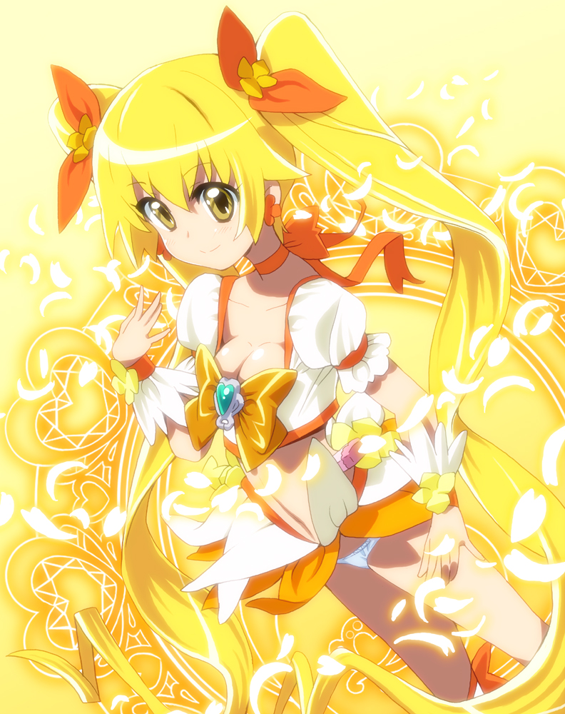 blonde_hair, breasts, cleavage, cure_sunshine, hair_ribbon, heart, heartcatch_precure!, homing_(areya)