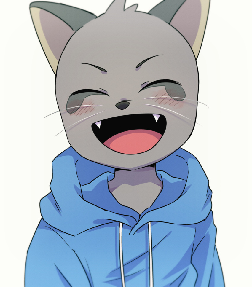 1boy, ^_^, animal_ears, animal_nose, blue_hoodie, blush, cat_boy, cat_ears, closed_eyes, colored_skin, drawstring, facing_viewer, fangs, furry, furry_male, grey_skin, happy, highres, hood, hood_down, hoodie, male_focus, odd_taxi, omochiutyu, open_mouth, simple_background, smile, solo, tanaka_hajime_(odd_taxi), upper_body, whiskers, white_background