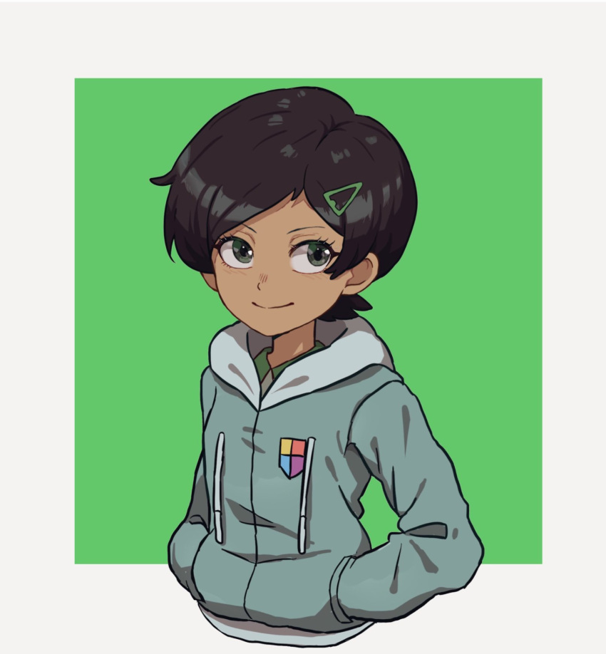 1girl, amphibia, black_hair, border, closed_mouth, cropped_legs, dark_skin, green_background