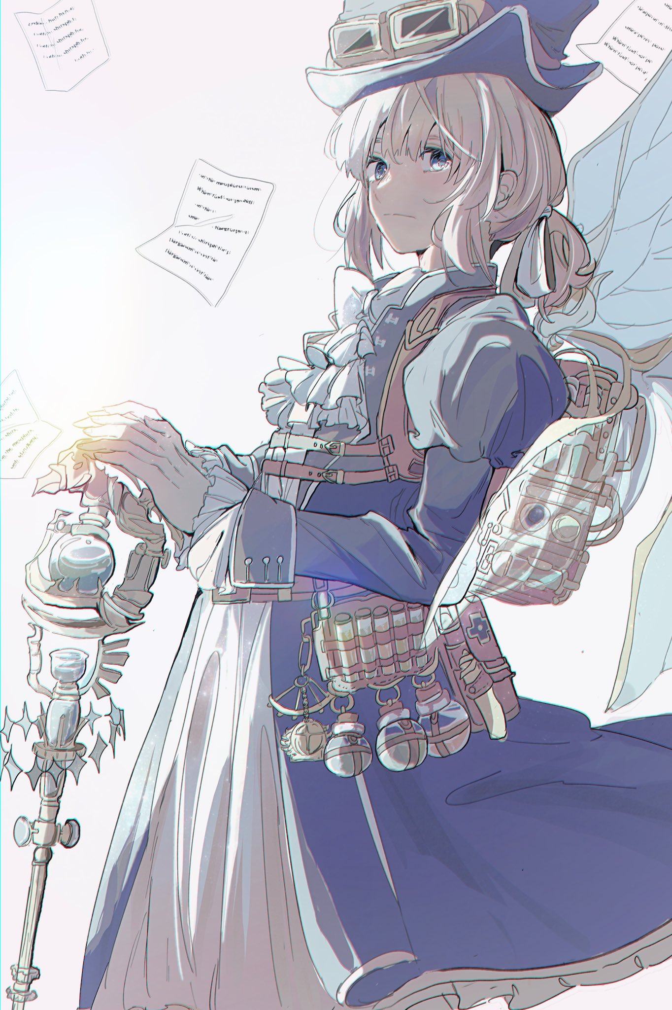 1boy, ascot, belt, belt_buckle, blue_coat, blue_eyes, blue_hat, bow