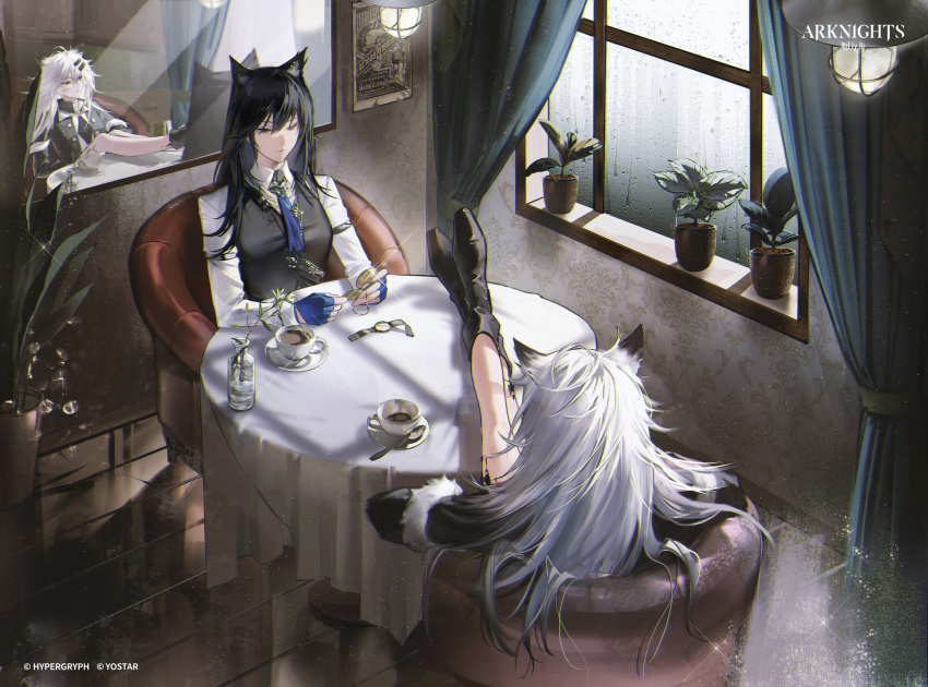 2girls, animal_ear_fluff, animal_ears, ankle_boots, annoyed, arknights, black_footwear, black_hair