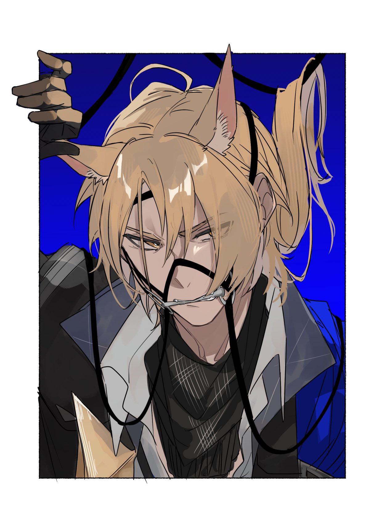 1boy, angry, animal_ear_fluff, animal_ears, arknights, black_scarf, blonde_hair, blue_background