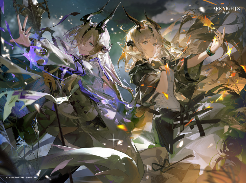 2girls, arknights, black_jacket, blonde_hair, brown_gloves, chinese_commentary, commentary, company_name
