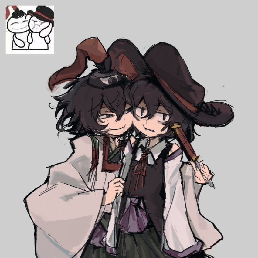 2others, androgynous, annoyed, black_eyes, black_hair, black_hat, black_vest, boli_yan_moni_qi