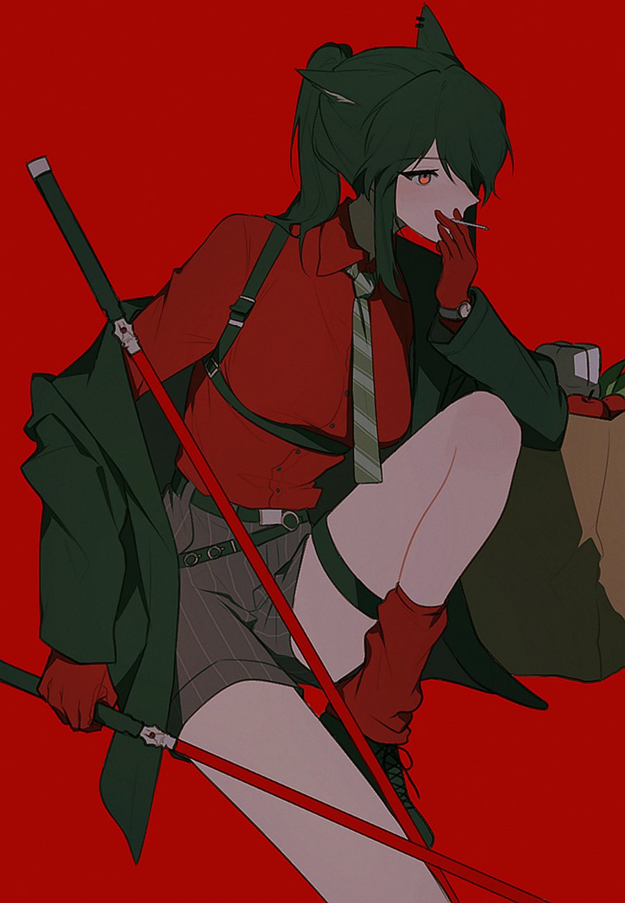 1girl, animal_ears, arknights, black_hair, black_jacket, black_shorts, collared_shirt, diagonal-striped_clothes, diagonal-striped_necktie, gae_tteok00, gloves, green_necktie, hair_between_eyes, highres, holding, jacket, long_hair, long_sleeves, necktie, official_alternate_costume, open_clothes, ponytail, red_background, red_gloves, red_shirt, red_socks, shirt, shorts, simple_background, socks, solo, striped_clothes, striped_necktie, striped_shorts, tail, texas_(arknights), texas_(willpower)_(arknights), vertical-striped_clothes, vertical-striped_shorts, weapon, wolf_ears, wolf_girl, wolf_tail