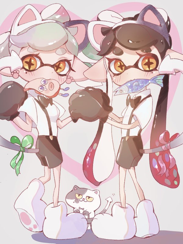 2girls, animal_ears, animal_hands, callie_(splatoon), cat_ears, cat_paws, cat_tail, earrings
