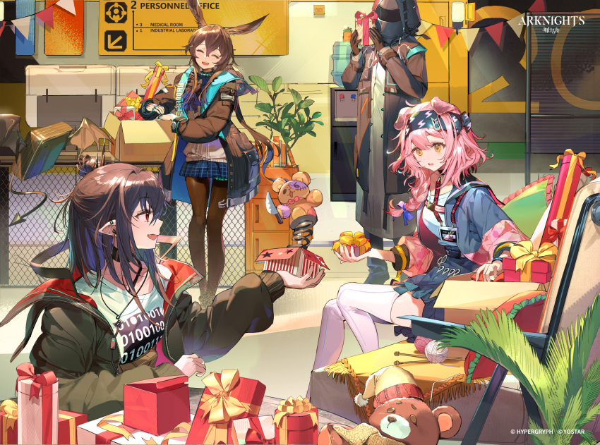 1other, 3girls, amiya_(arknights), animal_ears, arknights, ascot, black_coat, black_gloves