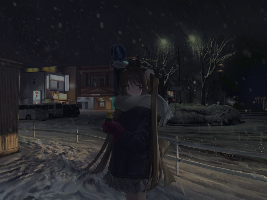 1girl, brown_eyes, brown_hair, expressionless, gloves, highres, jacket, kibishiihiekomi, long_hair, looking_at_viewer, night, original, scarf, skirt, sky, snow, solo, twintails, very_long_hair, winter