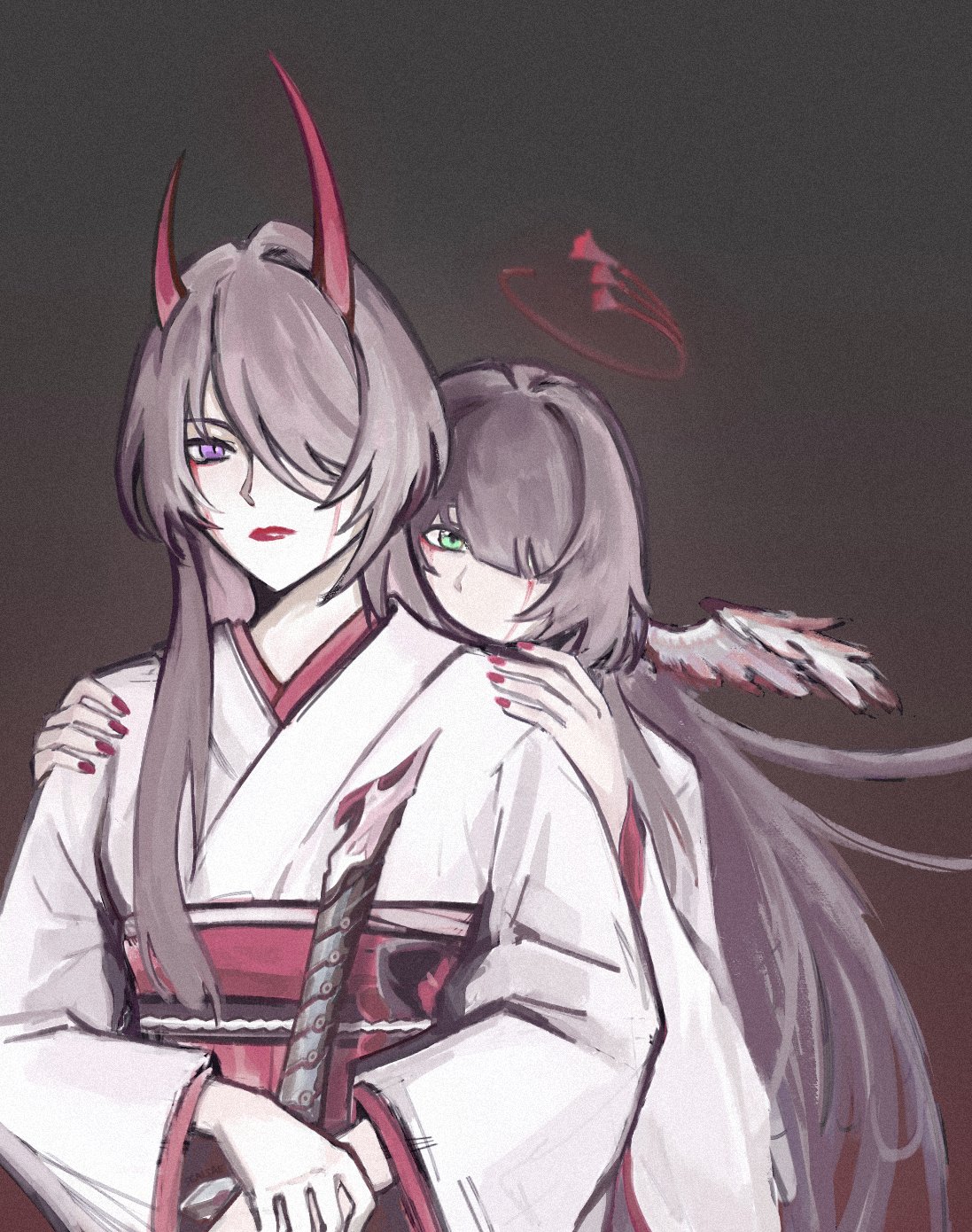 2girls, acheron_(honkai:_star_rail), asymmetrical_horns, eyeshadow, green_eyes, grey_background, halo, hiding, hiding_behind_another, highres, holding, holding_another's_arm, holding_sword, holding_weapon, honkai:_star_rail, honkai_(series), horns, japanese_clothes, katana, kimono, long_hair, makeup, multiple_girls, red_eyeshadow, red_halo, red_horns, red_lips, red_nails, robin_(honkai:_star_rail), sealsae, sword, uneven_horns, upper_body, violet_eyes, weapon, white_kimono, wings, yuri