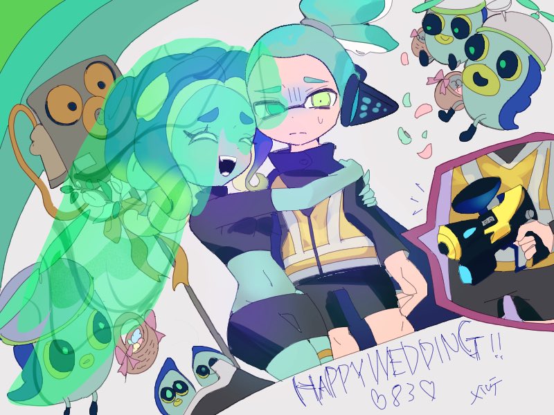 1boy, 1girl, agent_3_(splatoon), agent_8_(splatoon), bridal_veil, commander_tartar, hero_shot_(splatoon), high-visibility_vest