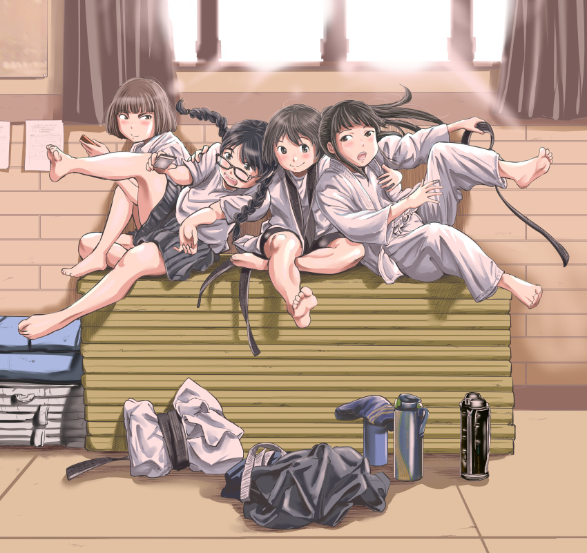 4girls, absurdres, belt, black_belt, braid, clothes_on_floor, gym, gym_uniform
