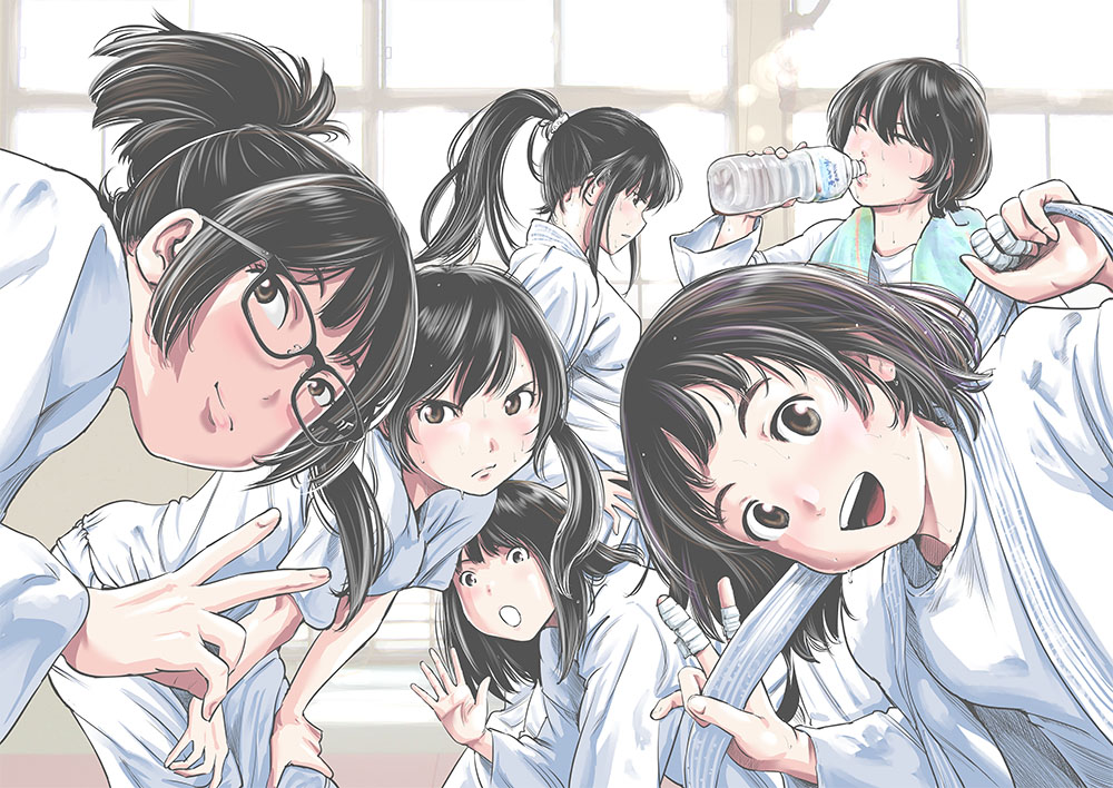 6+girls, :d, bandaged_fingers, bandages, belt, black_hair, bottle, commentary_request